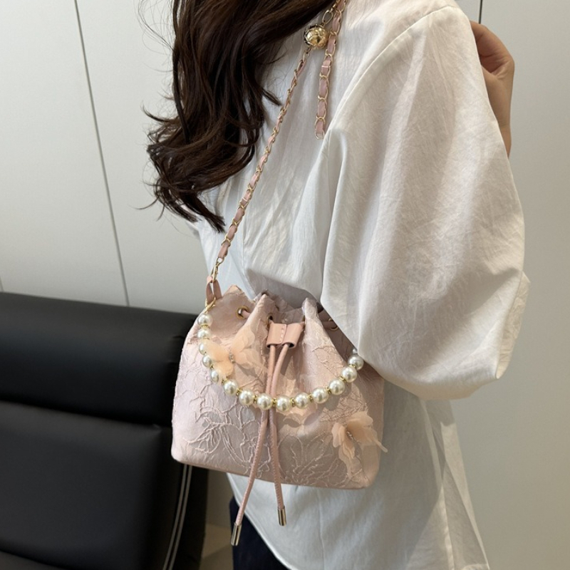 Beaded Trim Fringe - Elegant Lace Drawstring Handbag, Pearl Beaded