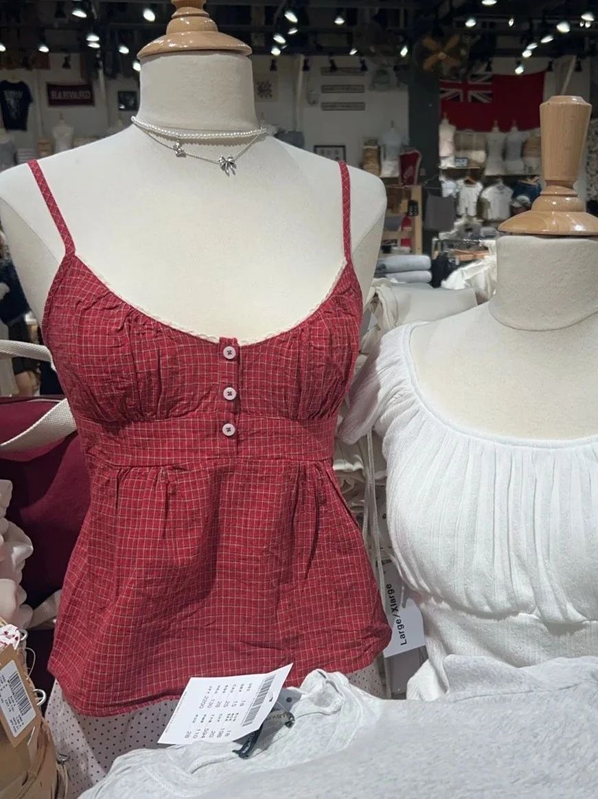 Red Plaid Buttons Tank Shorts  - đánh giá và giá Elastic Lace Trim